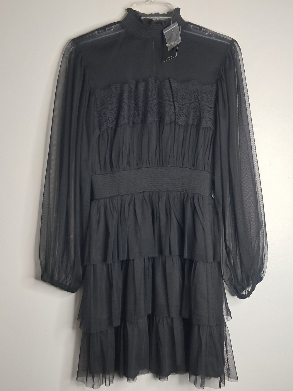 Black Tiered Lace Bodice Long-Sleeve Dress